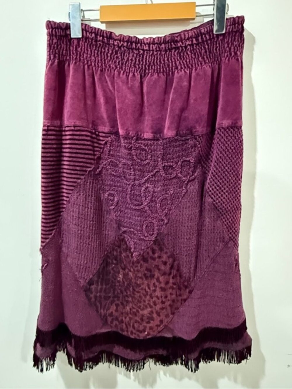 Boho Patchwork Fringe Midi Skirt Purple Lined Elastic Waist EST. Women’s M/L - Picture 2 of 9